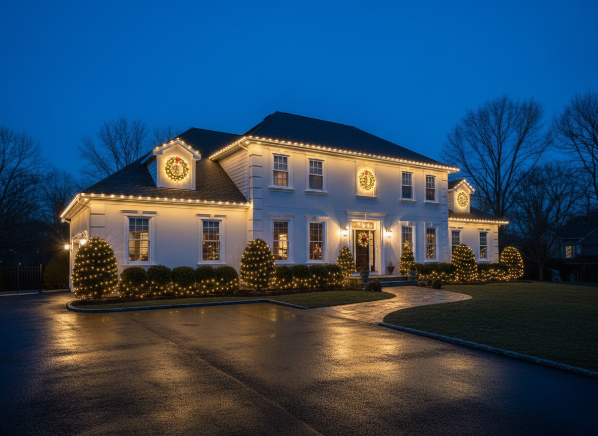 Suburban home Christmas lighting style example