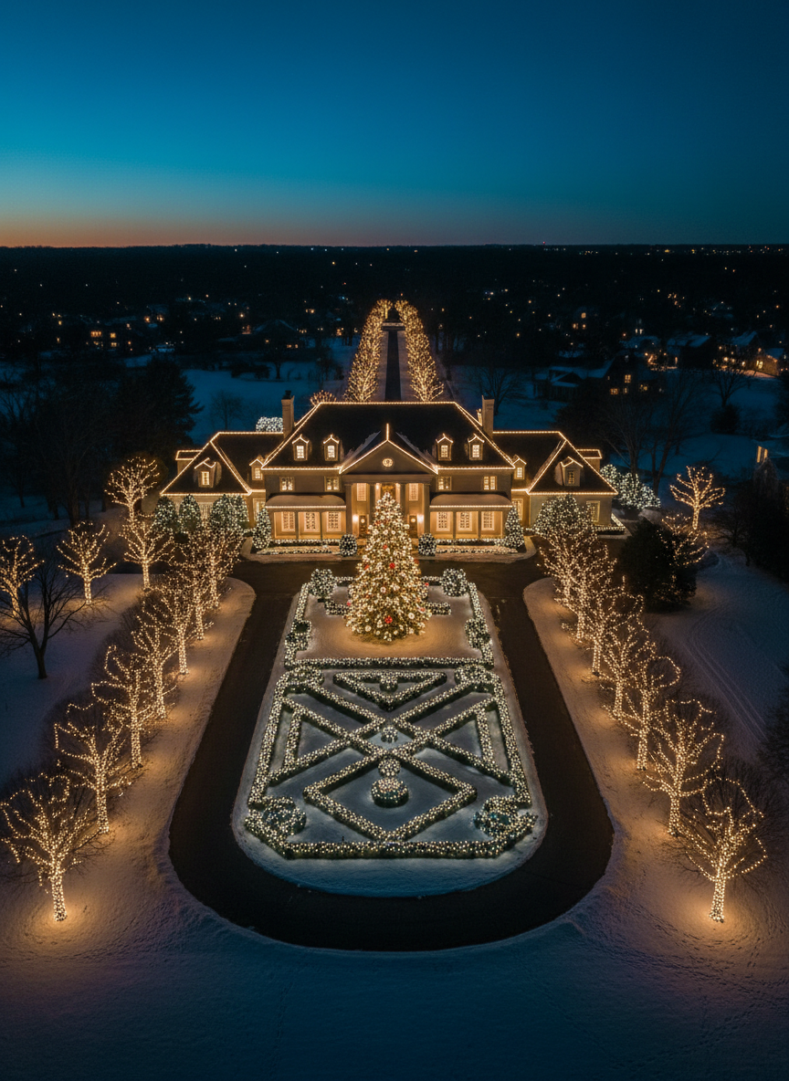An estate property decorated with professional Christmas lights.