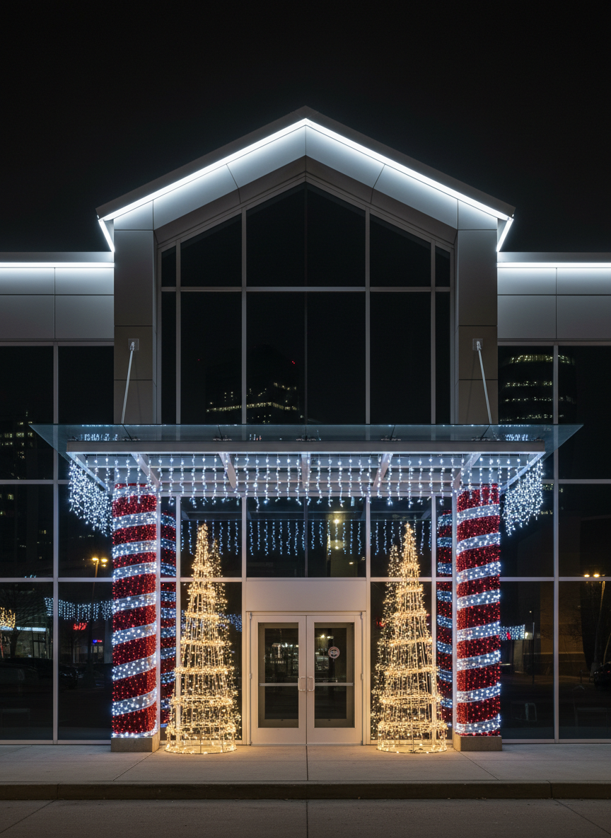 A modern commercial building in Middle Tennessee with a professional Christmas light display.