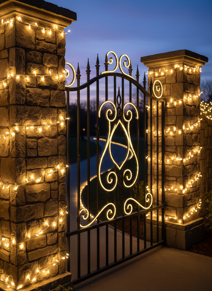 Close-up of commercial-grade Christmas lights on a stone entry gate and columns.