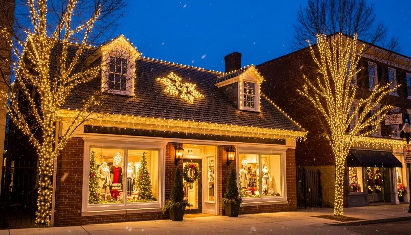 Brick boutique storefront with warm white roofline lights and wrapped trees