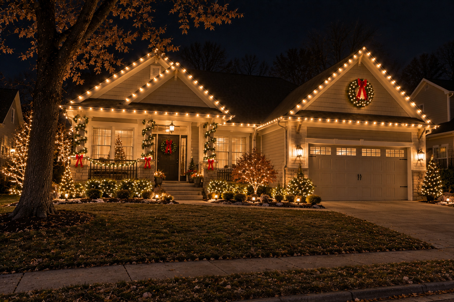 Suburban home with warm white Christmas lights on roofline, trees, wreaths, and porch