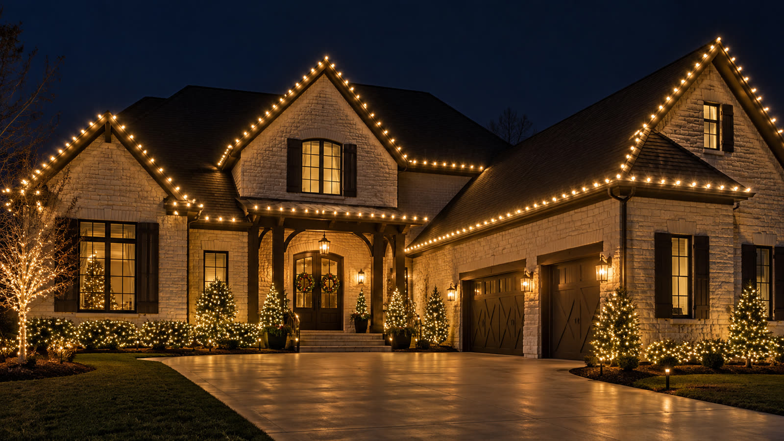 Luxury home at night with professional warm-white Christmas lights