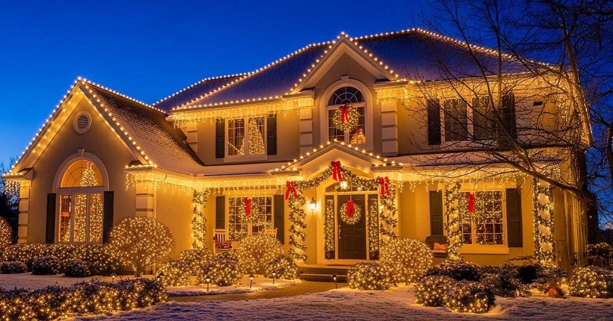 Suburban home with warm white roofline, icicles, wreaths, and lit bushes