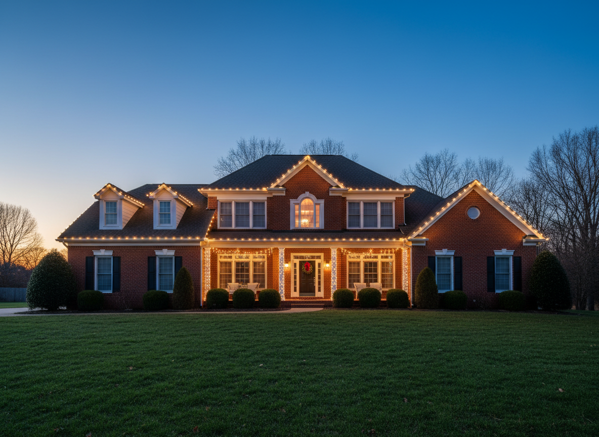 Two-story brick home with professional warm white Christmas lights outlining the roofline and porch.
