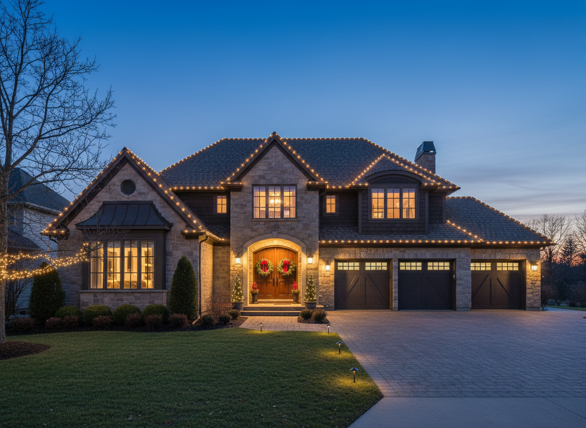 Upscale home with warm white roofline and entryway lights