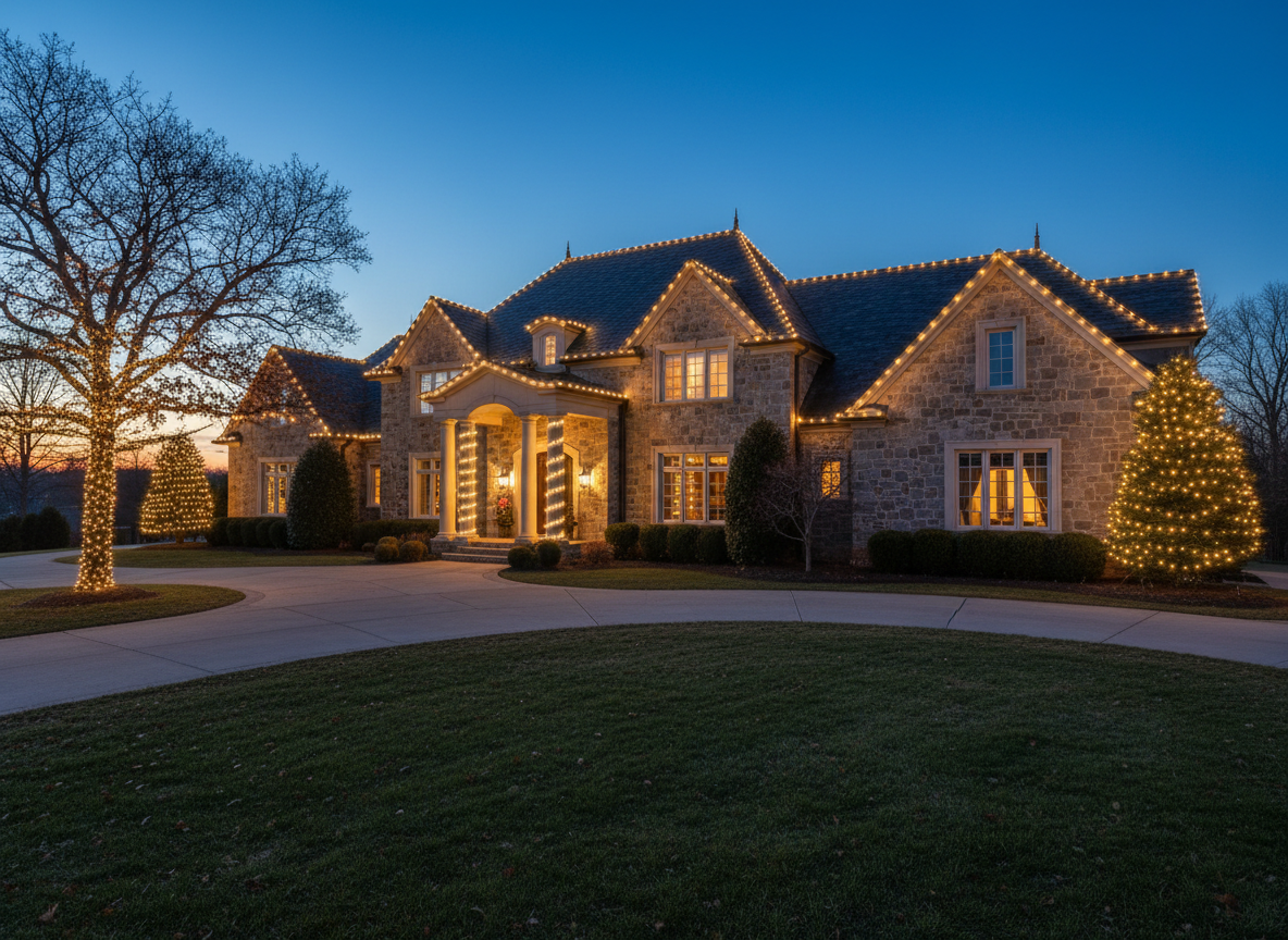 Stone home with warm white roofline, column, and tree lighting