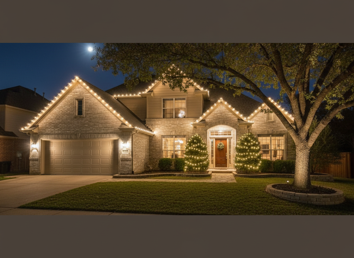 Suburban home with warm white roofline, doorway, and landscape lighting